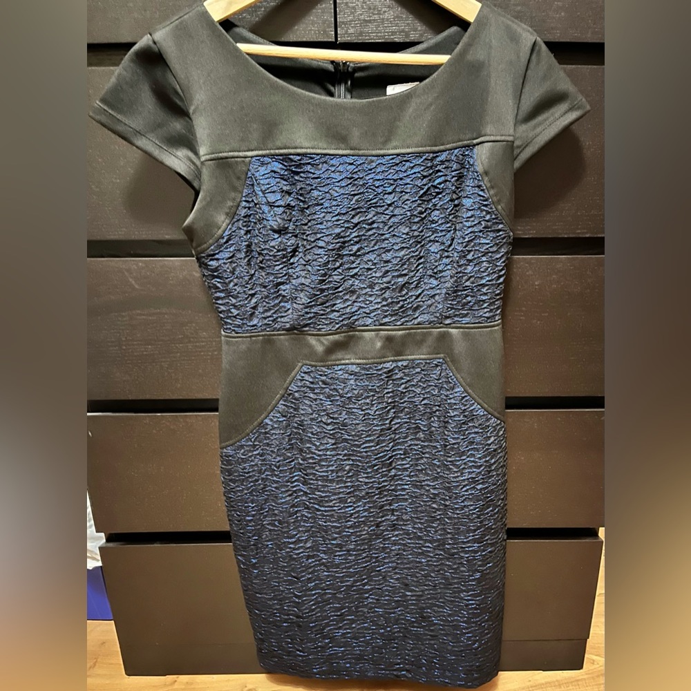 Blue/Black Waffle Cap-Sleeve Dress